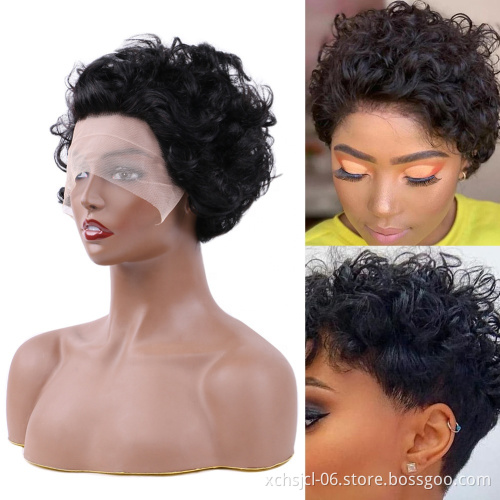 Cut Bob Wig Human Hair Curly Bob Short Pixie Cut Lace Wig Bleached Knots Lace Frontal Pixie Wig for Women